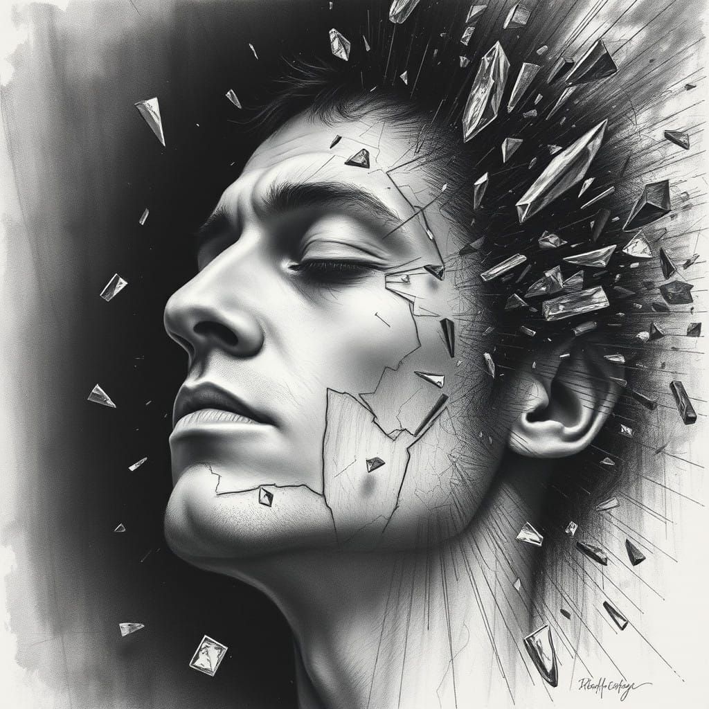 Man's Face Shatters in Charcoal Drawing