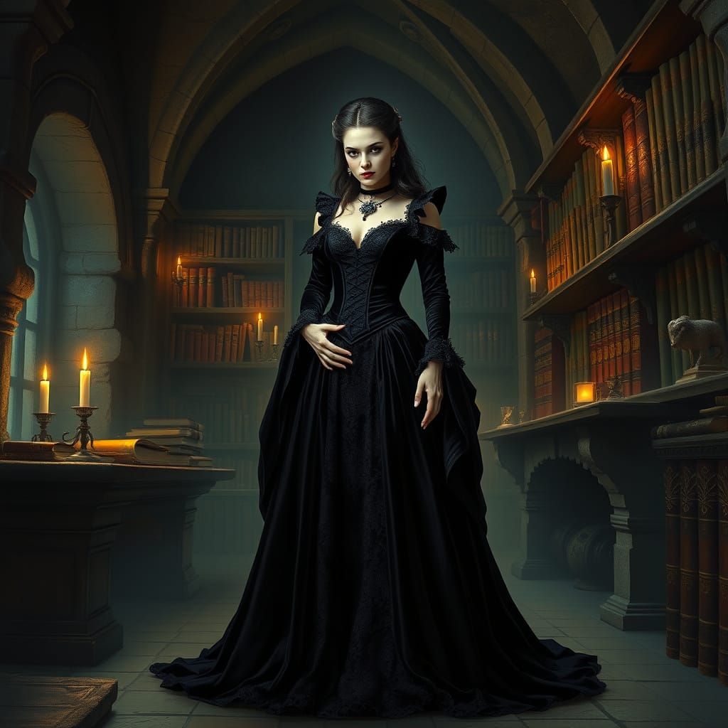 Gothic Vampire Queen in Mystical Library