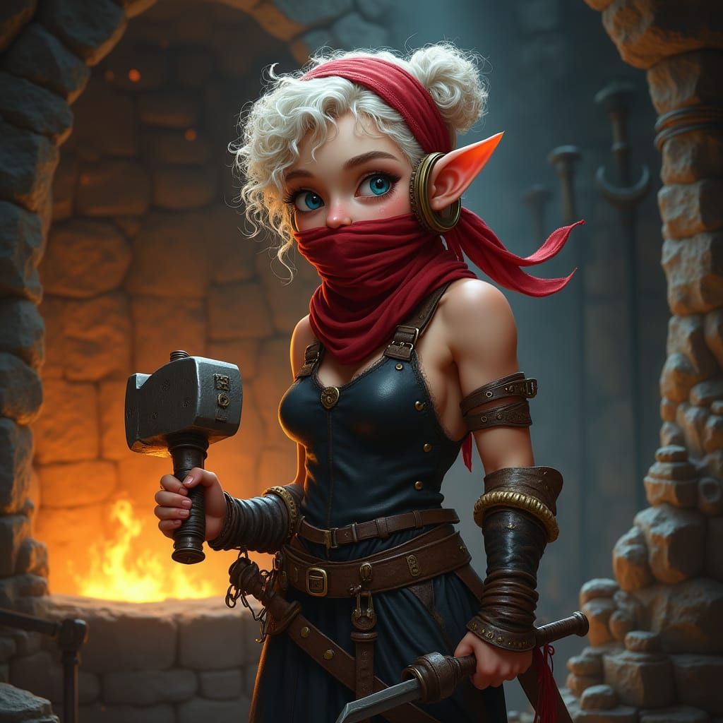 Elfin Blacksmith in Dimly Lit Fantasy Forge