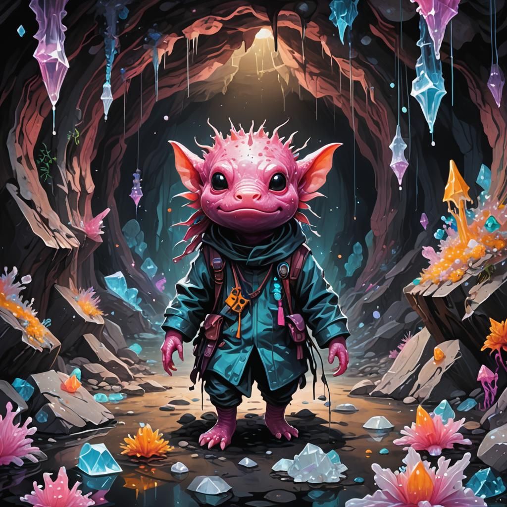 Axolotl Acolyte in Mystical Cavern: Graffiti Art