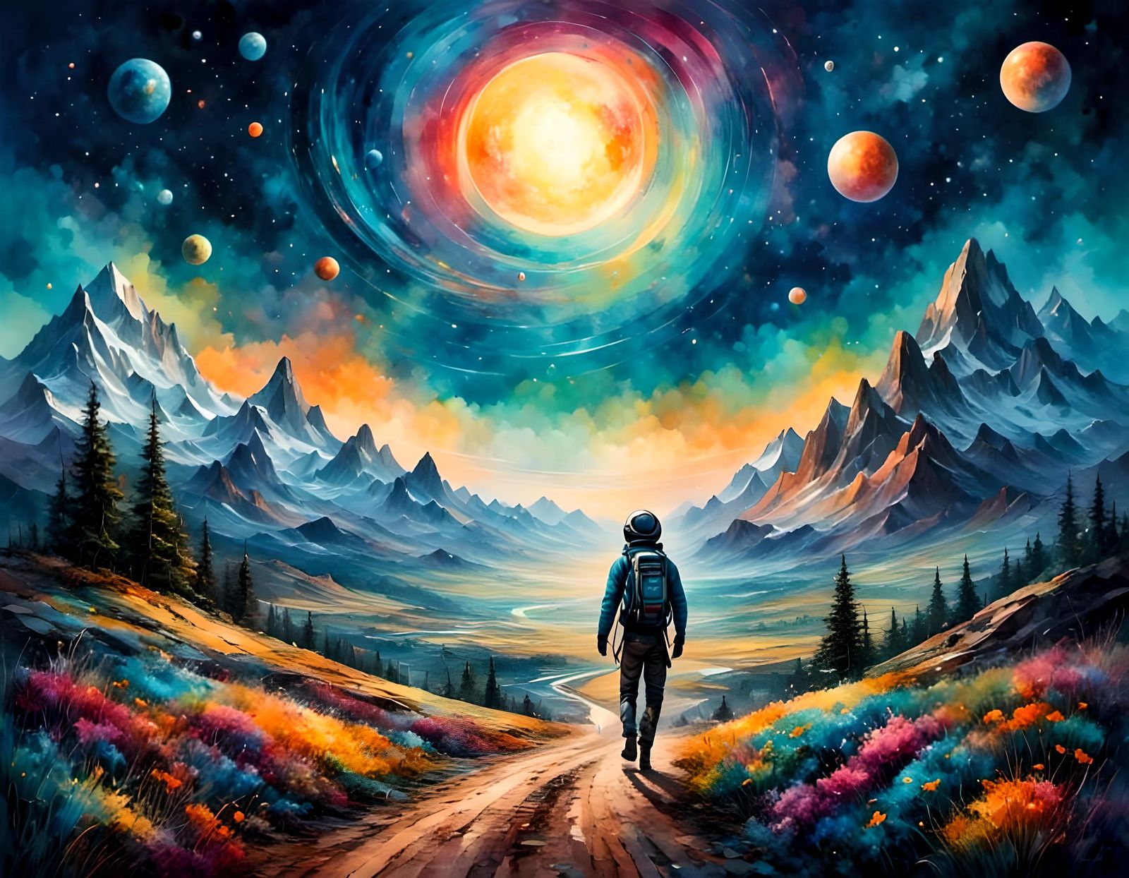 Galactic Outer Space Landscape in Watercolor Style