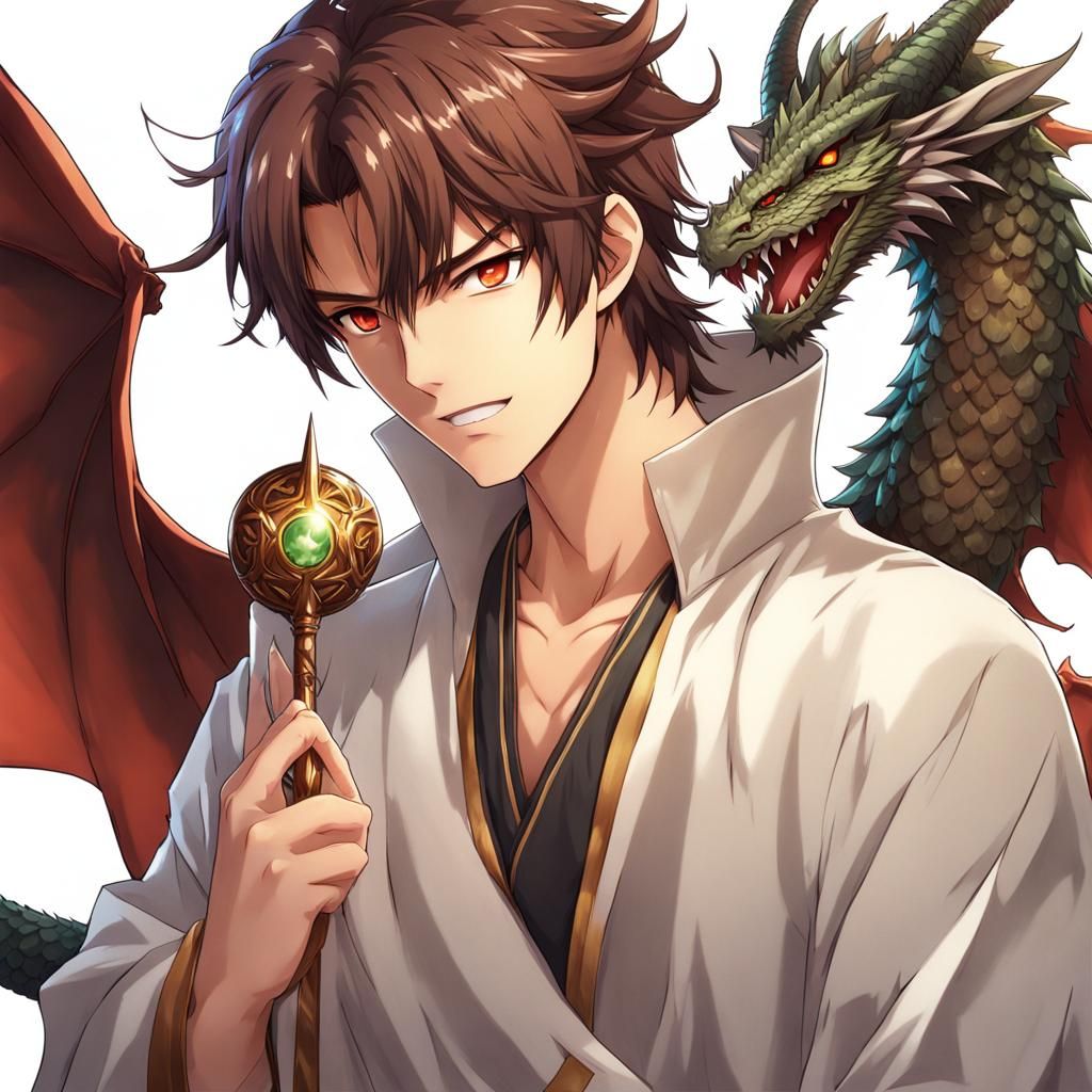 Anime-Style Druid with Dragon Background