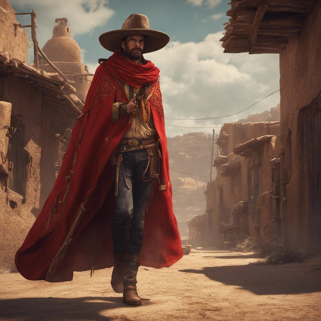 Mexican Gunslinger with Golden Gun in Red Poncho