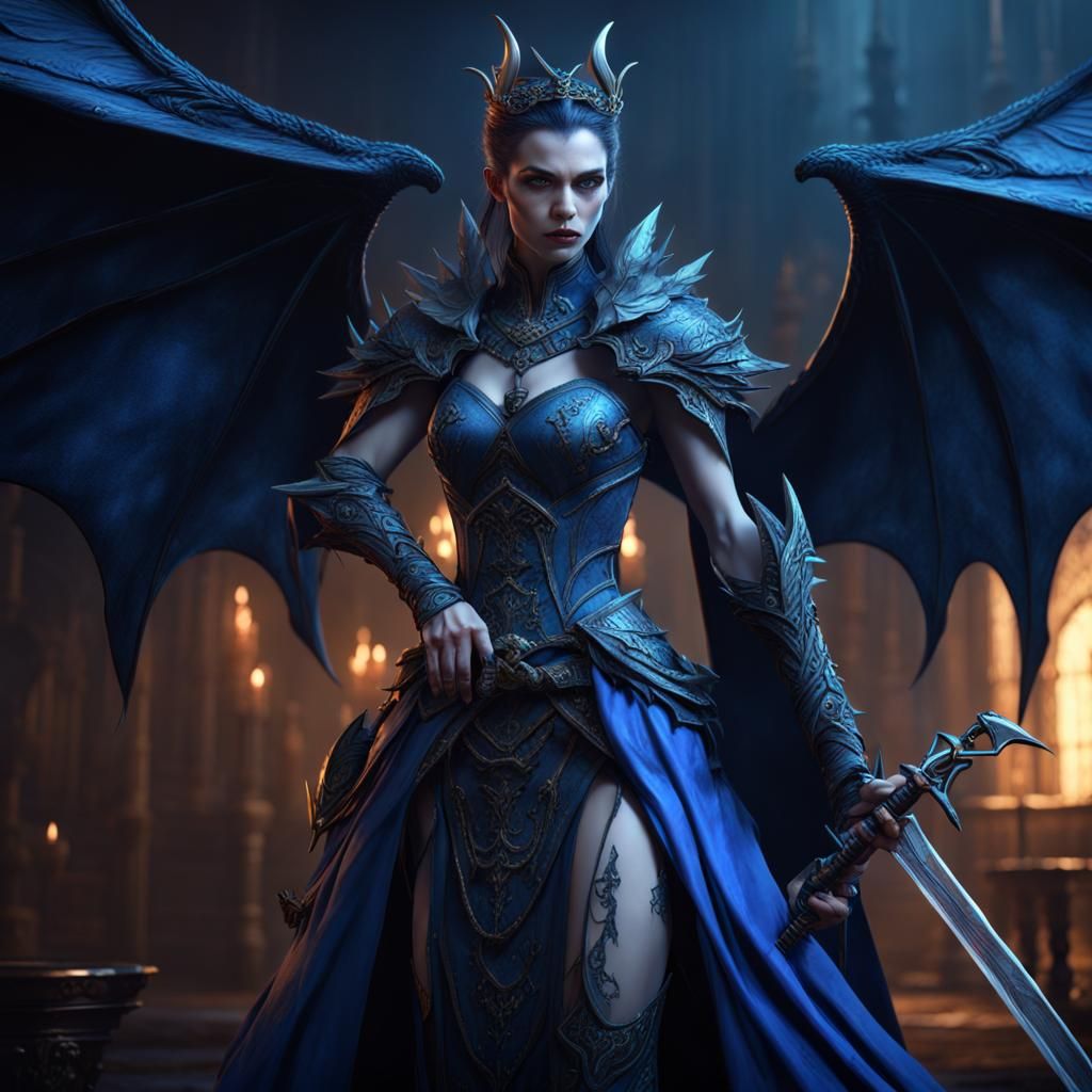 Blue Vampire Queen with Katana: Fantasy Art