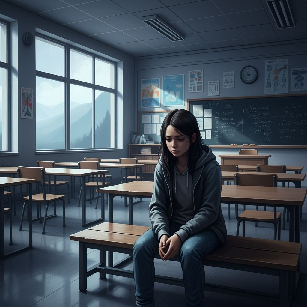 Sad Girl in Classroom Cartoon Style