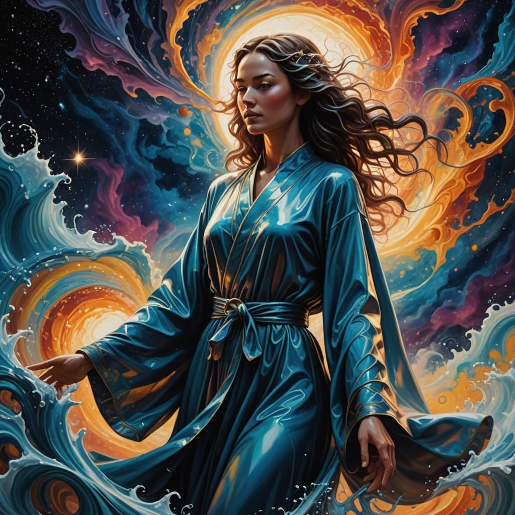 Ethereal Figure in Space with Celestial Dolphins