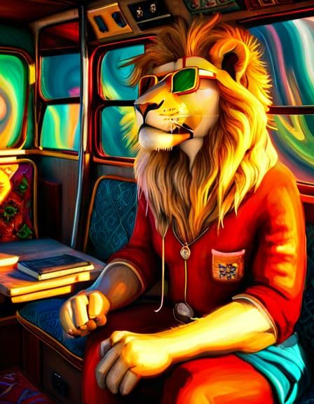 Lion in Hippie Clothes Riding a Bus