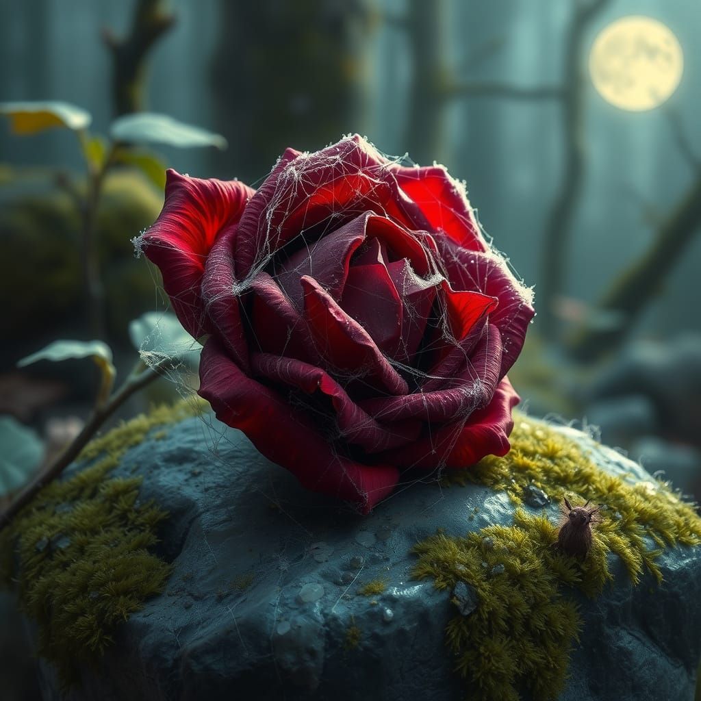 Wilted Rose in Moonlit Forest: Ethereal Art