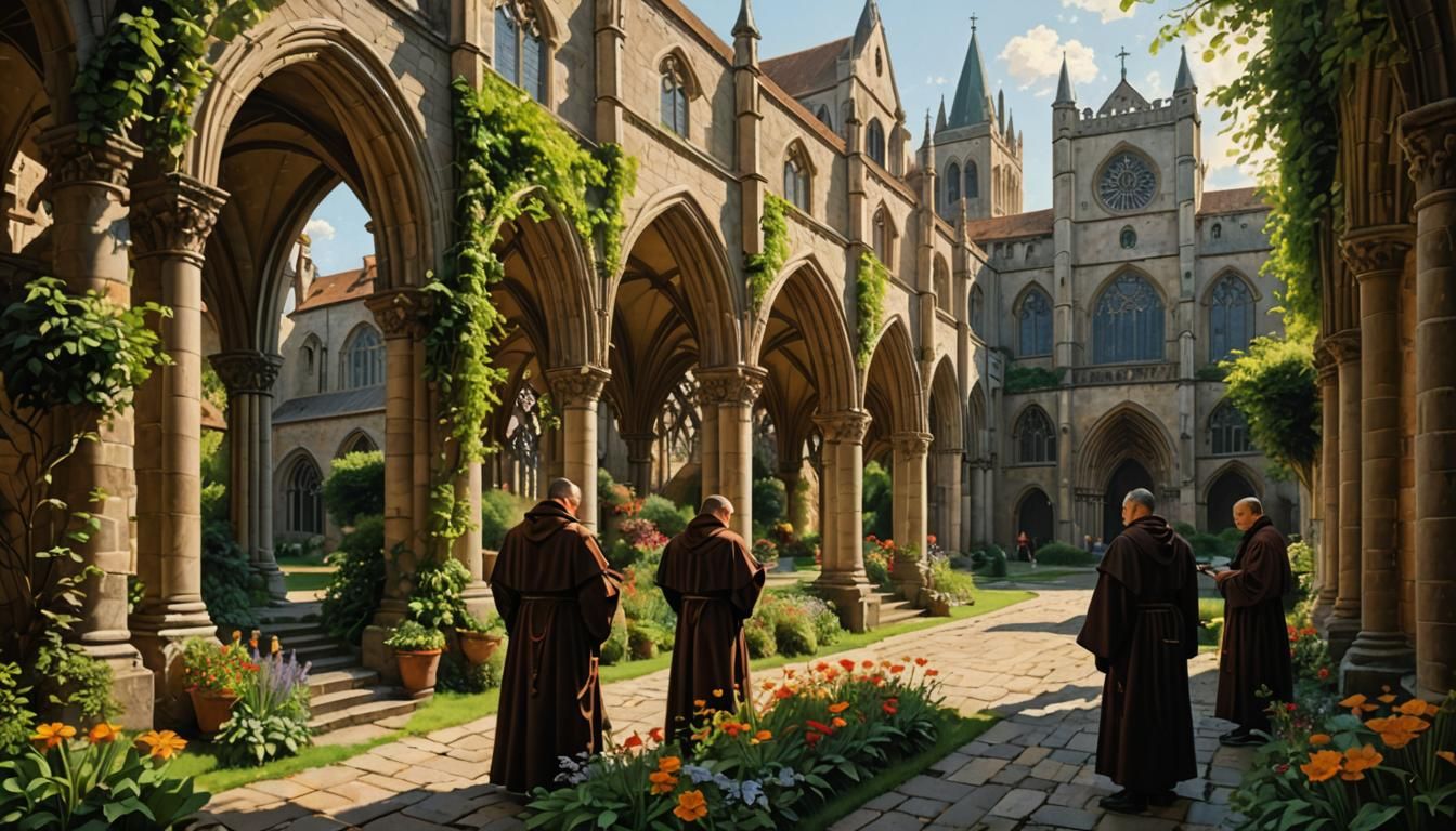 Gothic Abbey Cloister with Monks in Sunlight