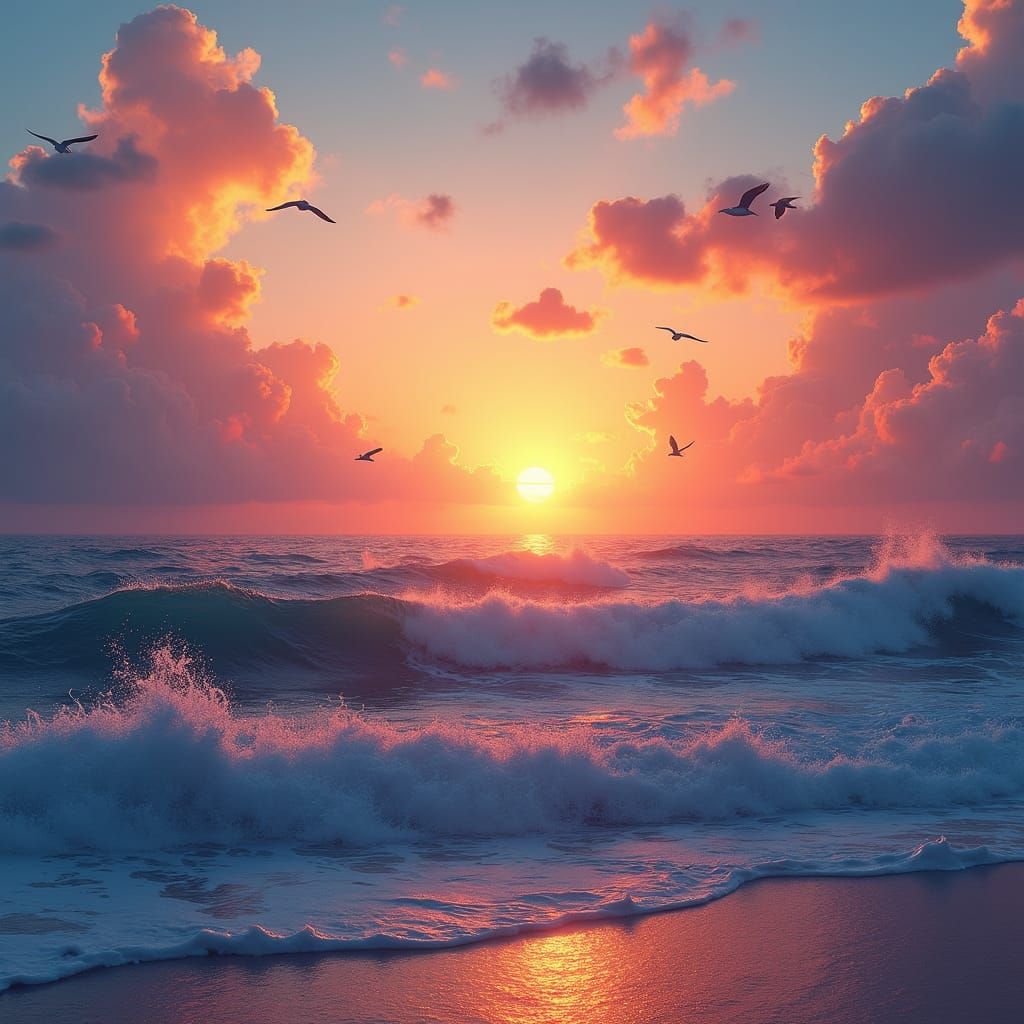 Majestic Sunset Oceanscape in Digital Painting Style