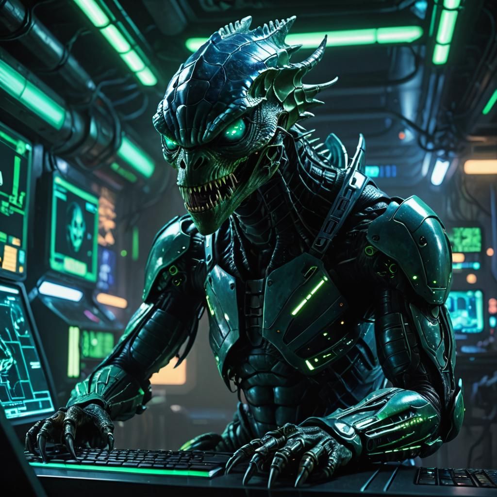 Reptilian Alien Hacker in Cyberpunk Space Station