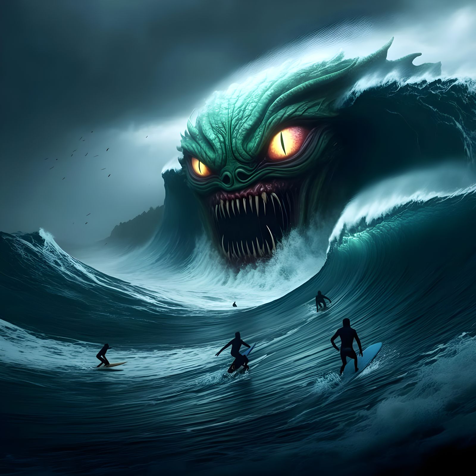 Surreal Horror Giant Wave Consumes Surfers in Dark Daytime H...