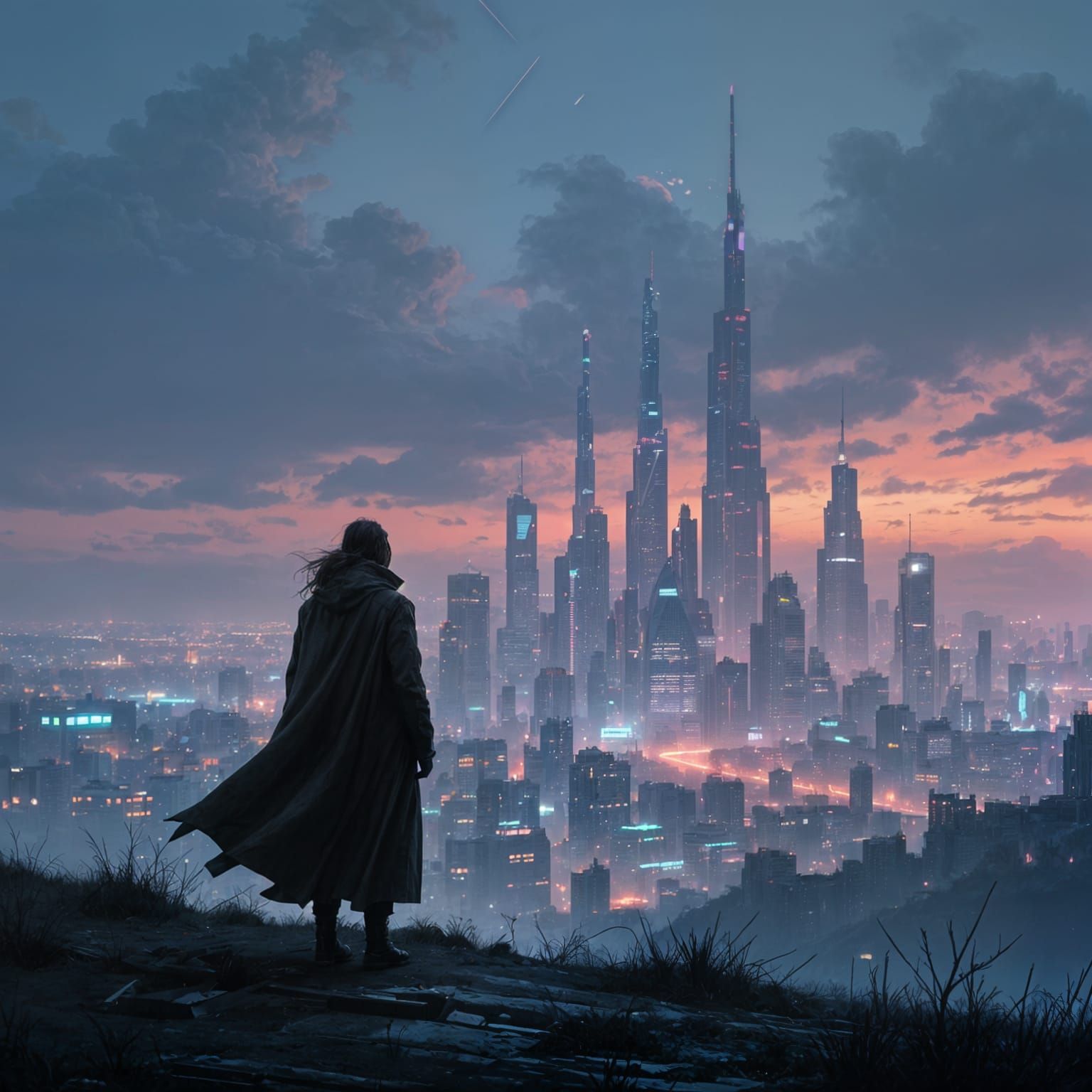 A lone figure stands on a windswept hill overlooking a spraw...