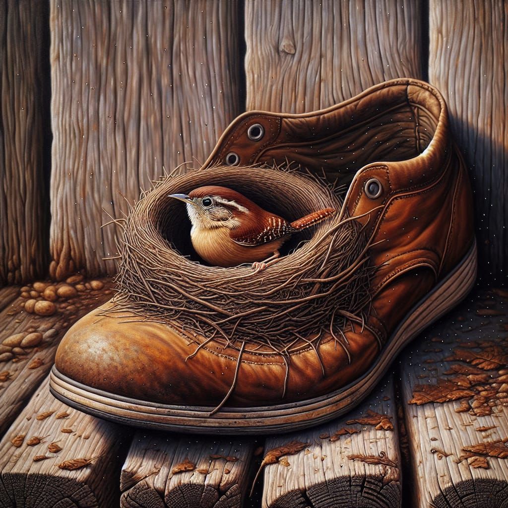 Carolina Wren Builds Nest in Abandoned Shoe