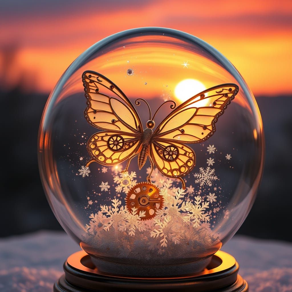 Golden Mechanical Butterfly in Crystal Snow Globe at Sunset