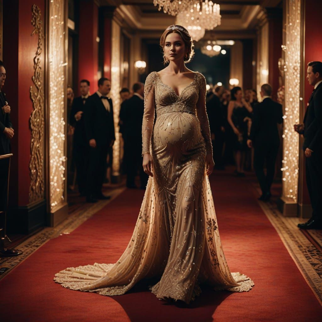 Elegant Pregnant Queen Struts Red Carpet in Luxurious Evenin...