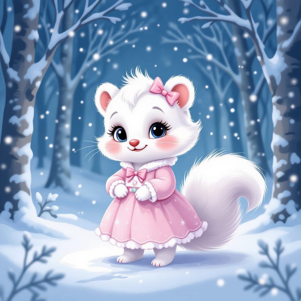 Whimsical Baby Skunk in Snowy Forest