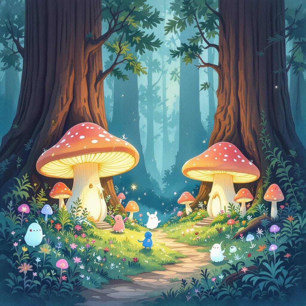 Bioluminescent Mushroom Village in Redwood Forest