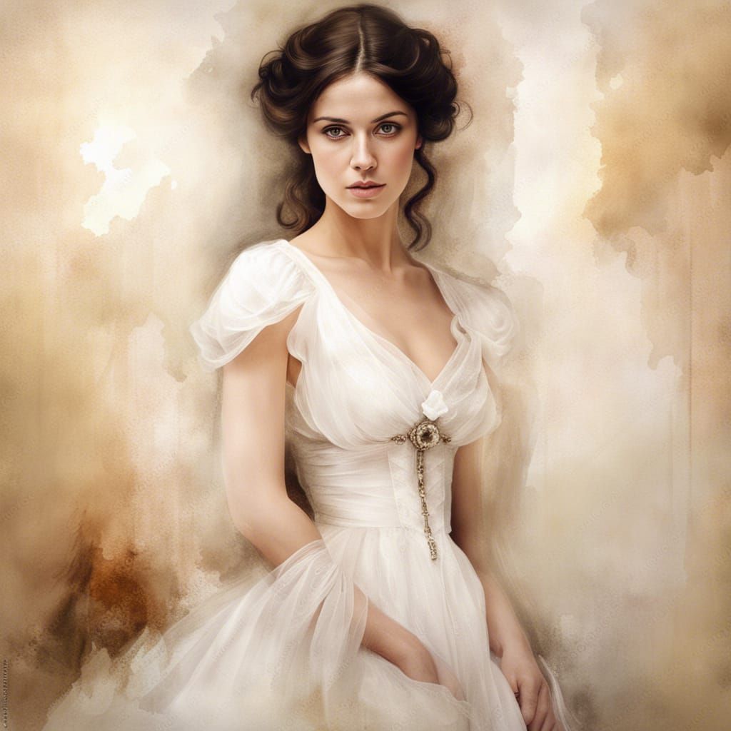 Elegant Brunette in White Gown: Victorian Portrait