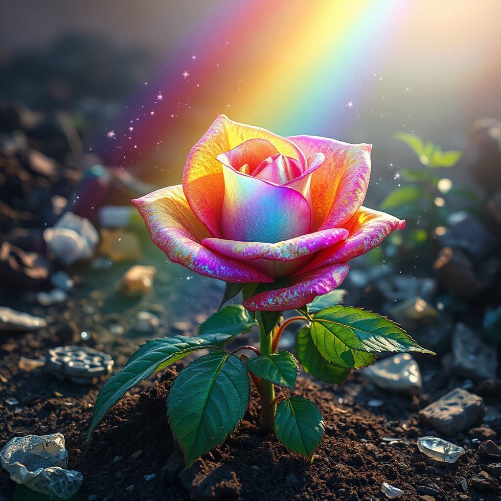 Iidescent Chrome Rose in Rubble, Fantasy Style