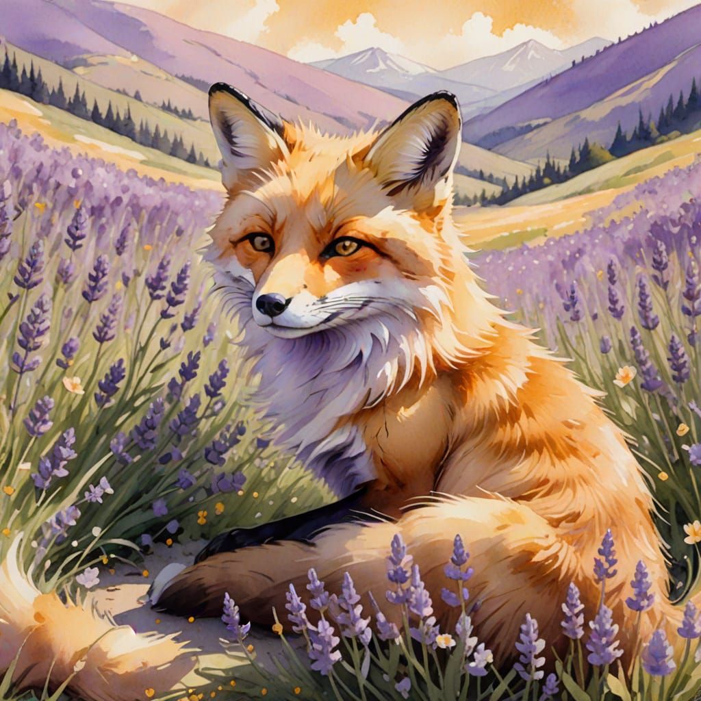 Golden Fox in Lavender Meadow Watercolor