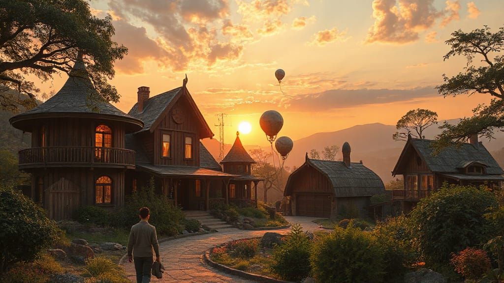 Whimsical Eco Settlement Under Sunset Skies
