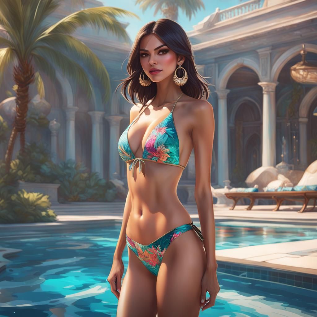 Hyperrealistic Woman by Pool in Dynamic Lighting