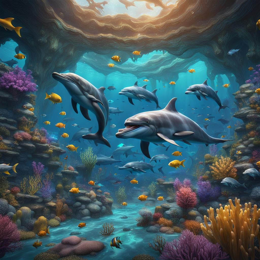 Underwater Scene with Dolphins and Colorful Fish