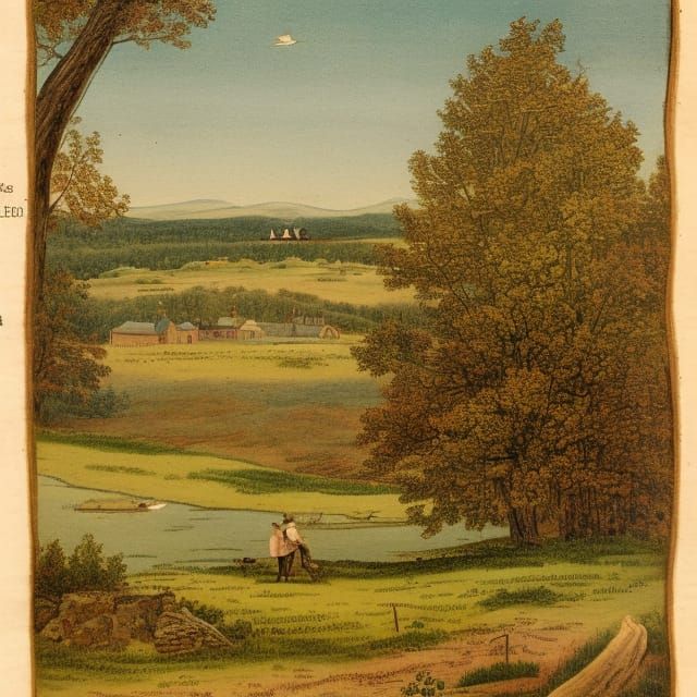 1800s New Hampshire Landscape in Folk Art Style