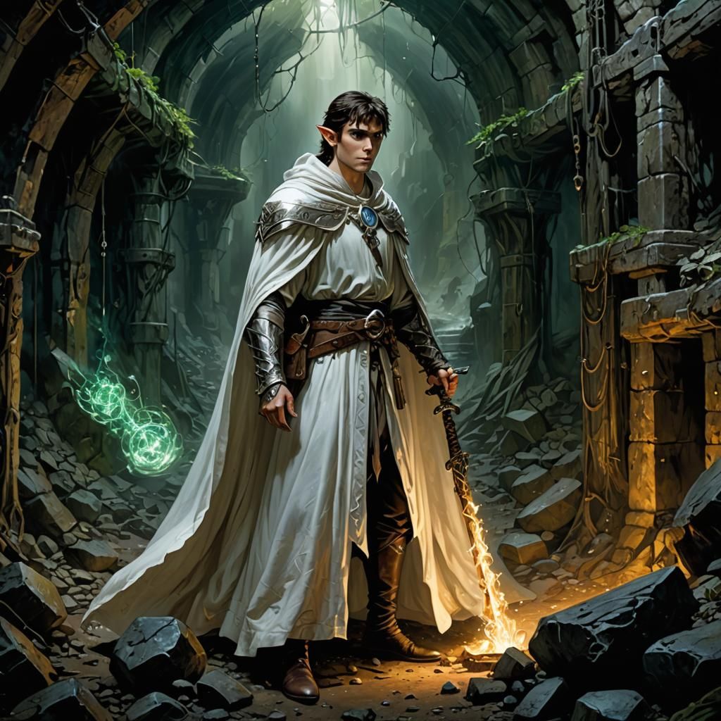 Elf Sorcerer in Abandoned Mine, Fantasy Art