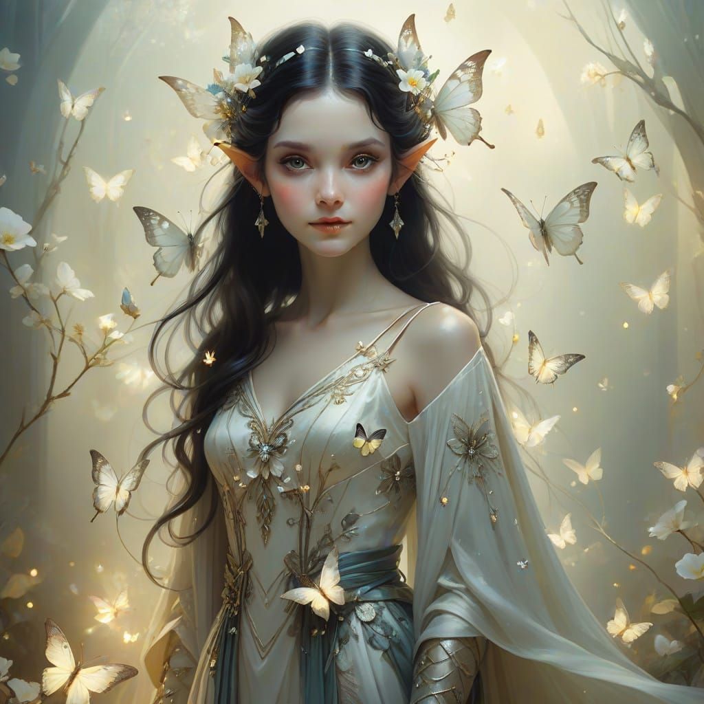 Ethereal Elf Surrounded by Butterflies in Bachelier Style