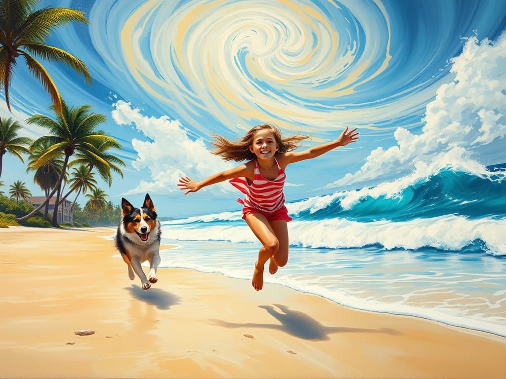Girl and Dog Running on Tropical Beach as Oil Painting