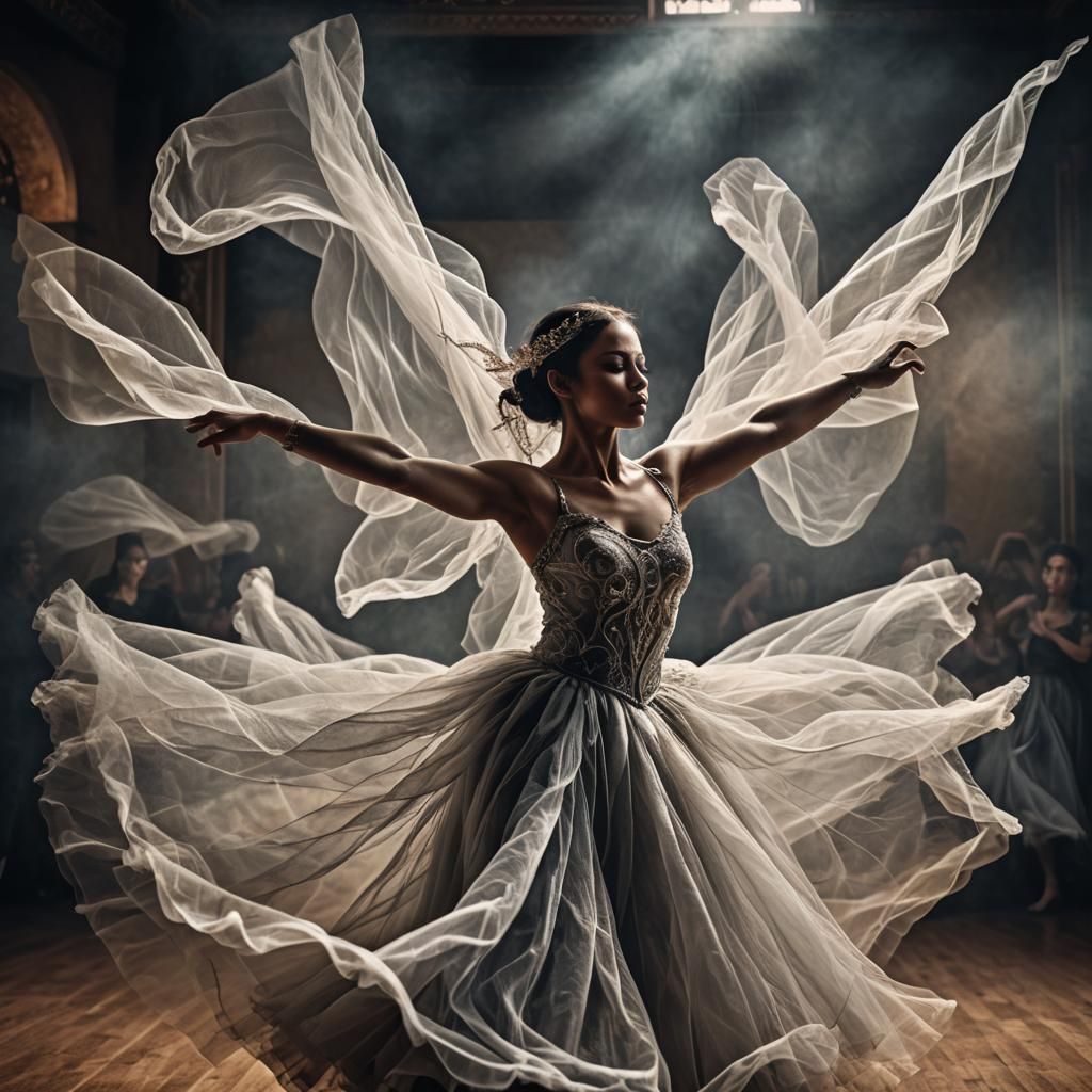Mysterious Dancer Shrouded in Tulle, Hyperrealistic Style