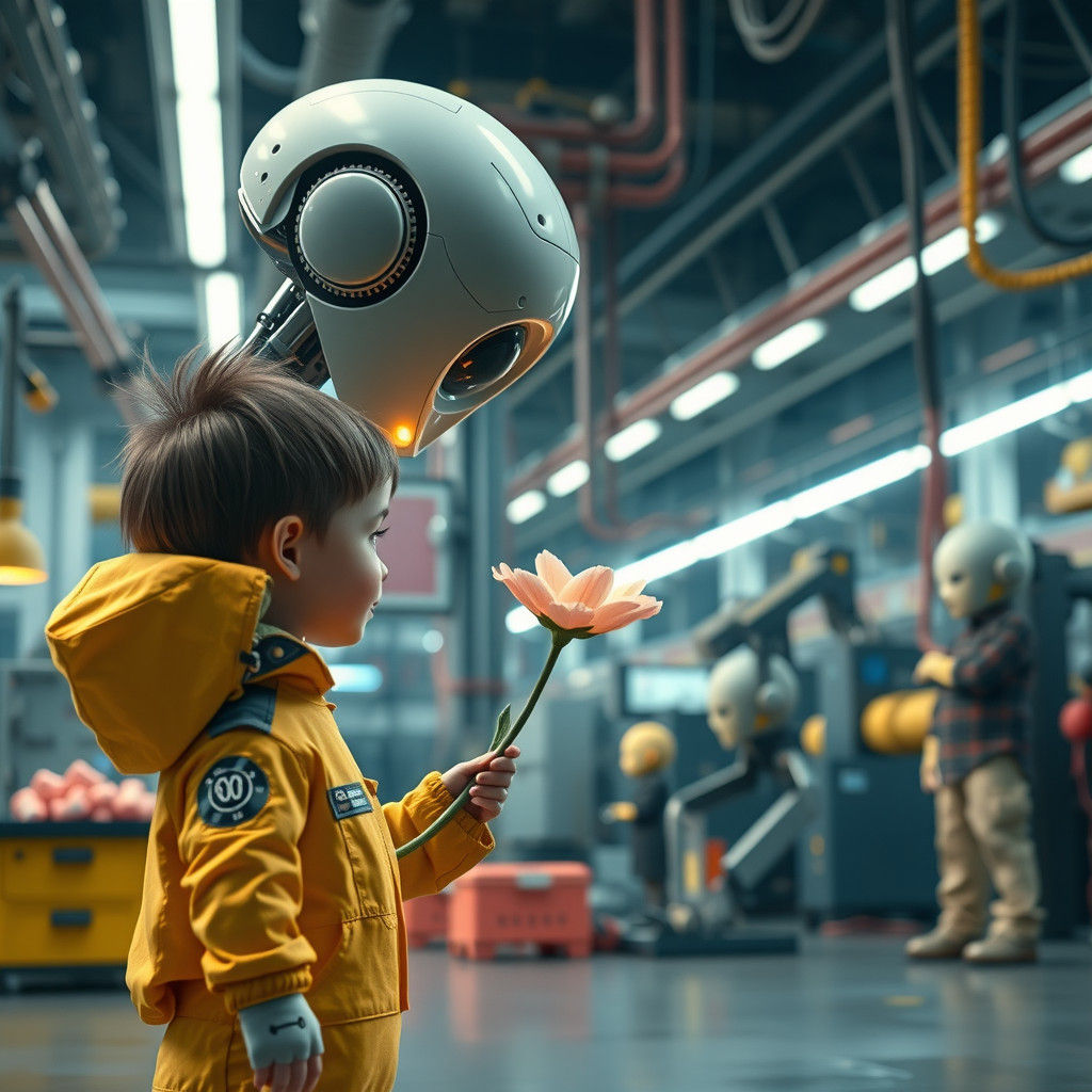 Touching Robot and Child Encounter in Futuristic Factory