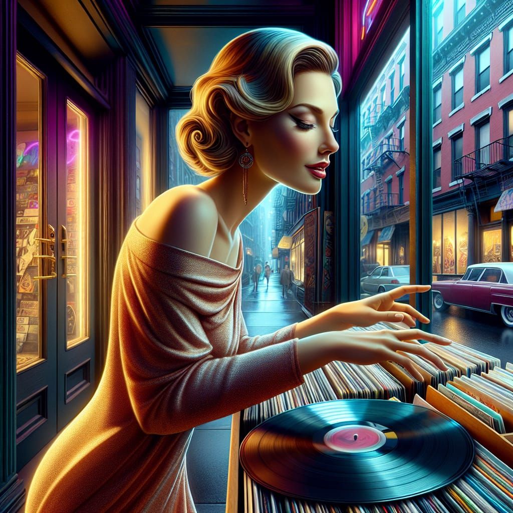 Woman Dancing in Vinyl Record Store as Splashy Art