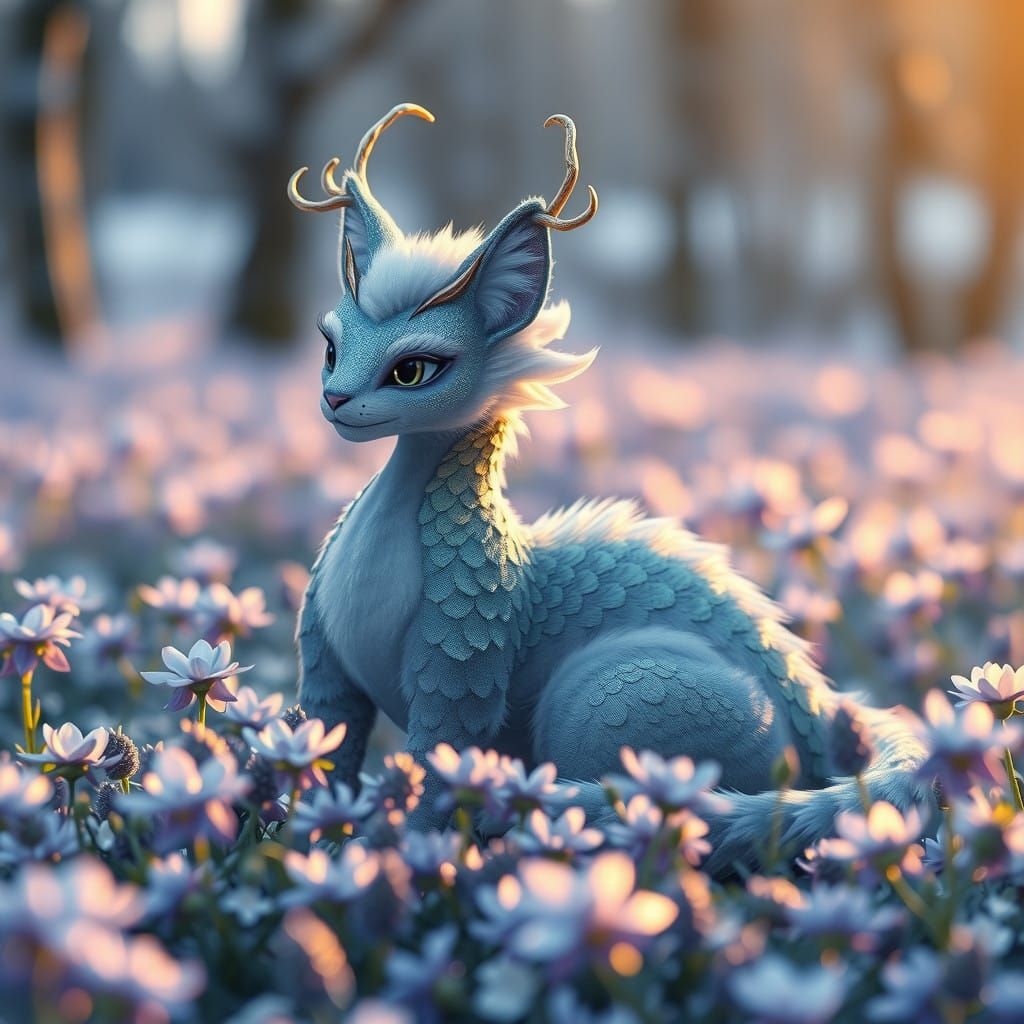 Whimsical Dragon-Cat in Winter Wonderland