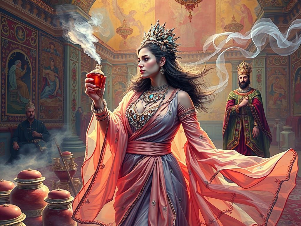 Opulent Persian Woman Sprays Perfume in Polychromatic Light