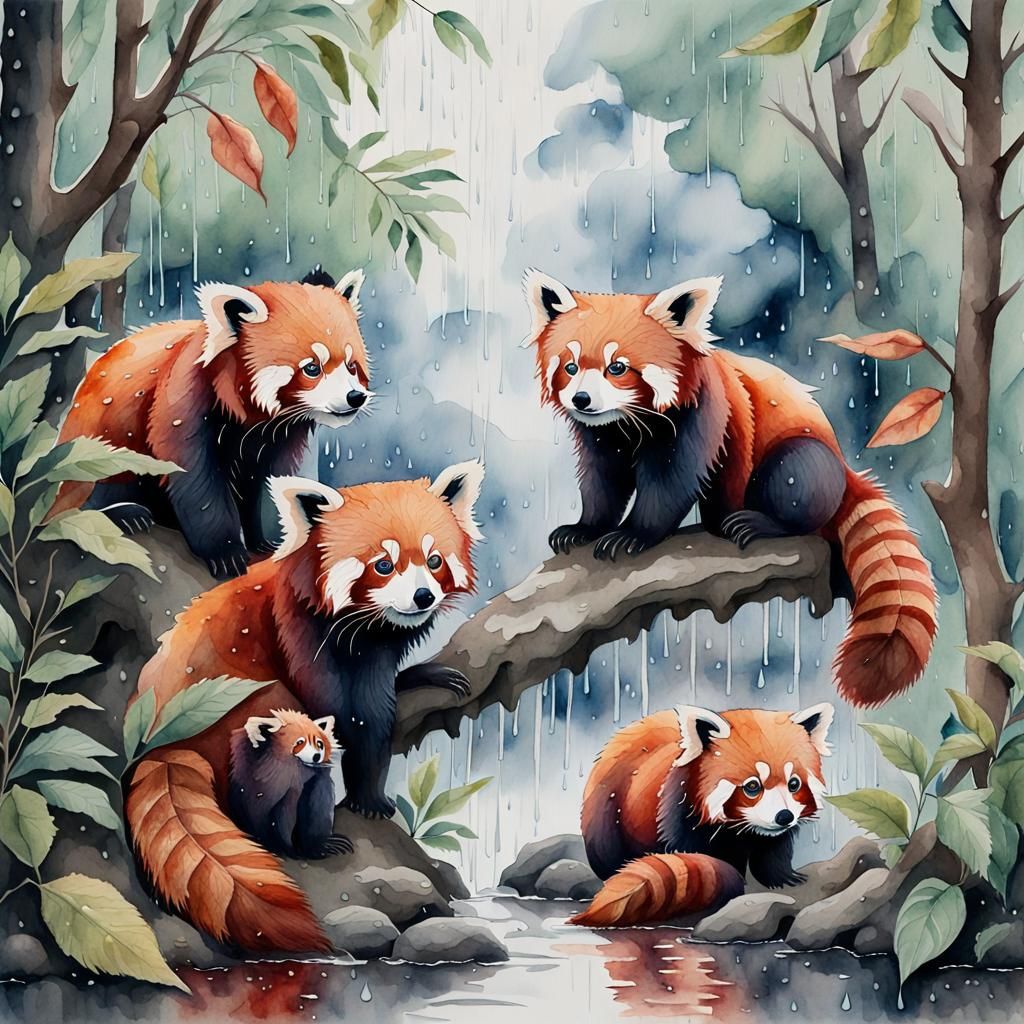 Red Pandas in Rainy Forest: Watercolor Painting