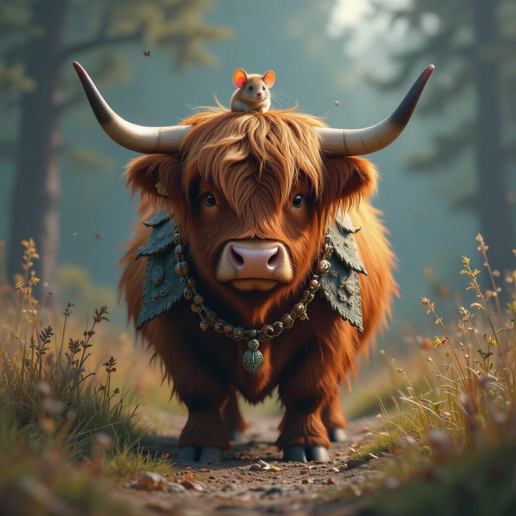 Brave Highland Cow Warrior Protects Loving Mouse