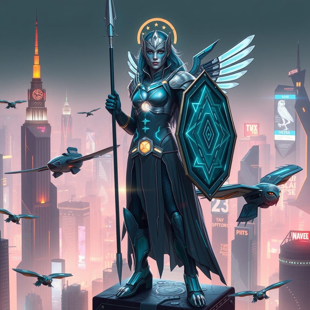 Athena in Cyberpunk Style on Futuristic Skyscraper