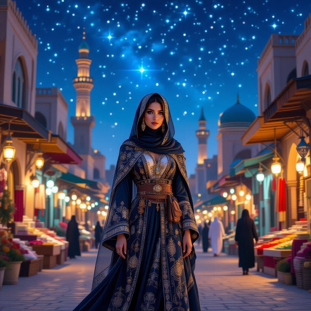 Baghdad Marketplace Under Starry Sky: Concept Art