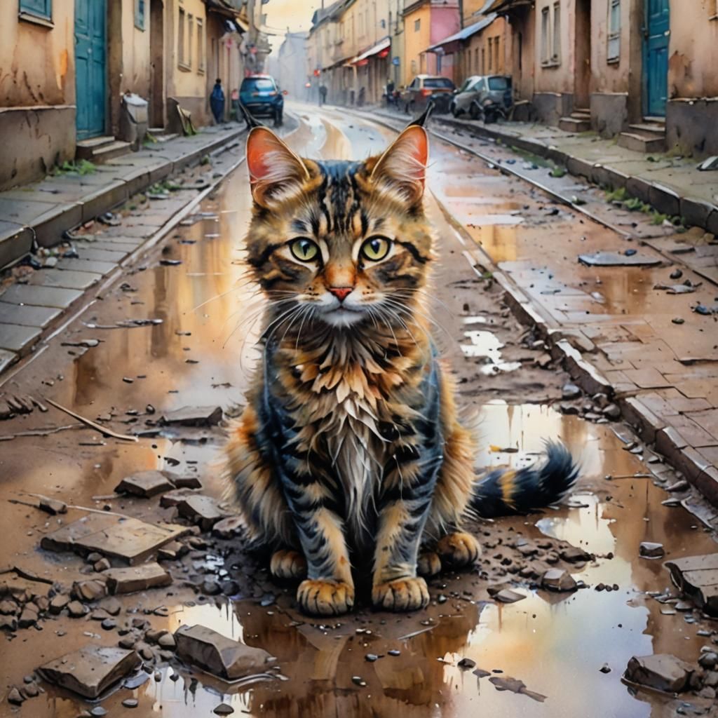 Dirty Cat on Muddy Street, Watercolor Fantasy