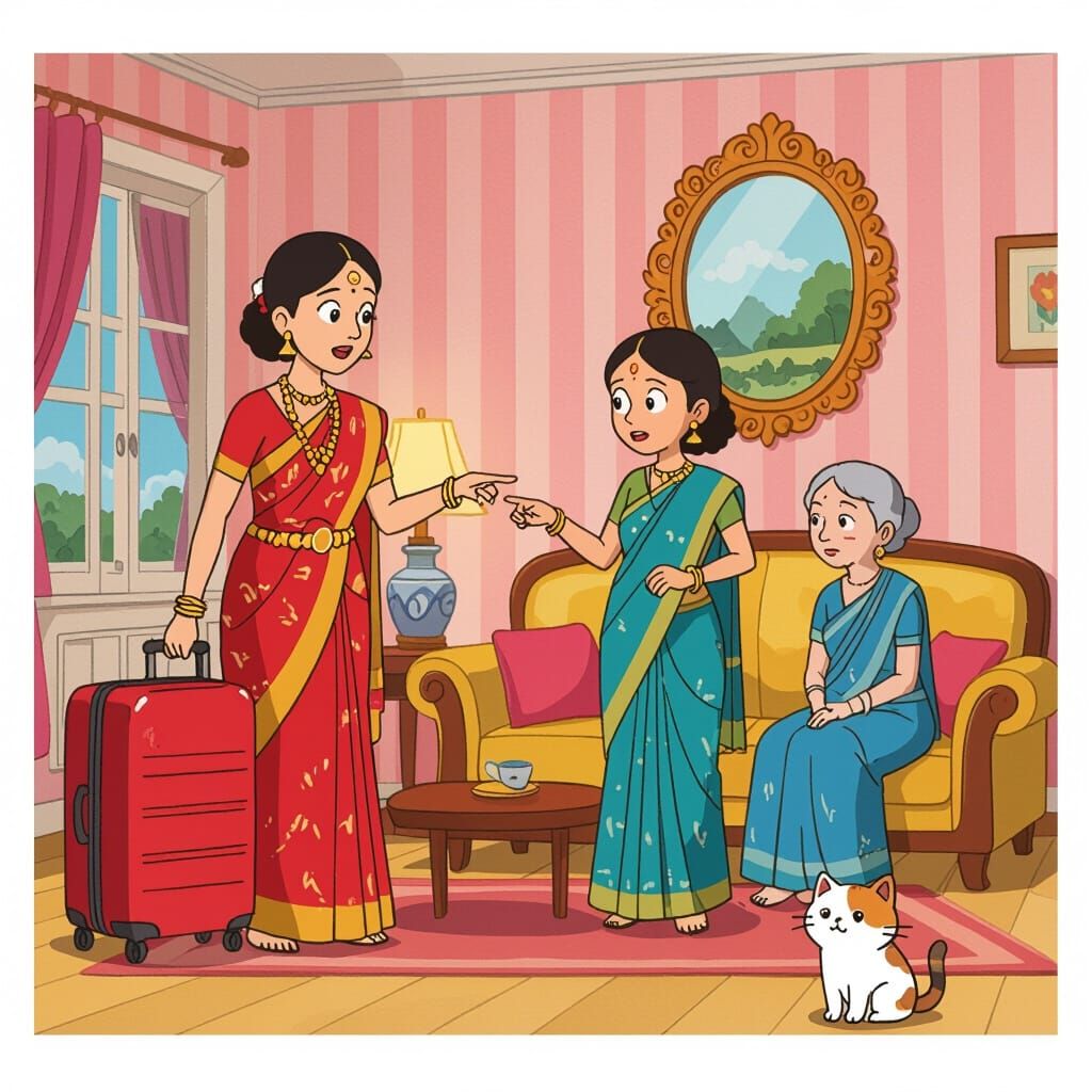 Cartoon Family Scene: Mother-in-Law and Daughters