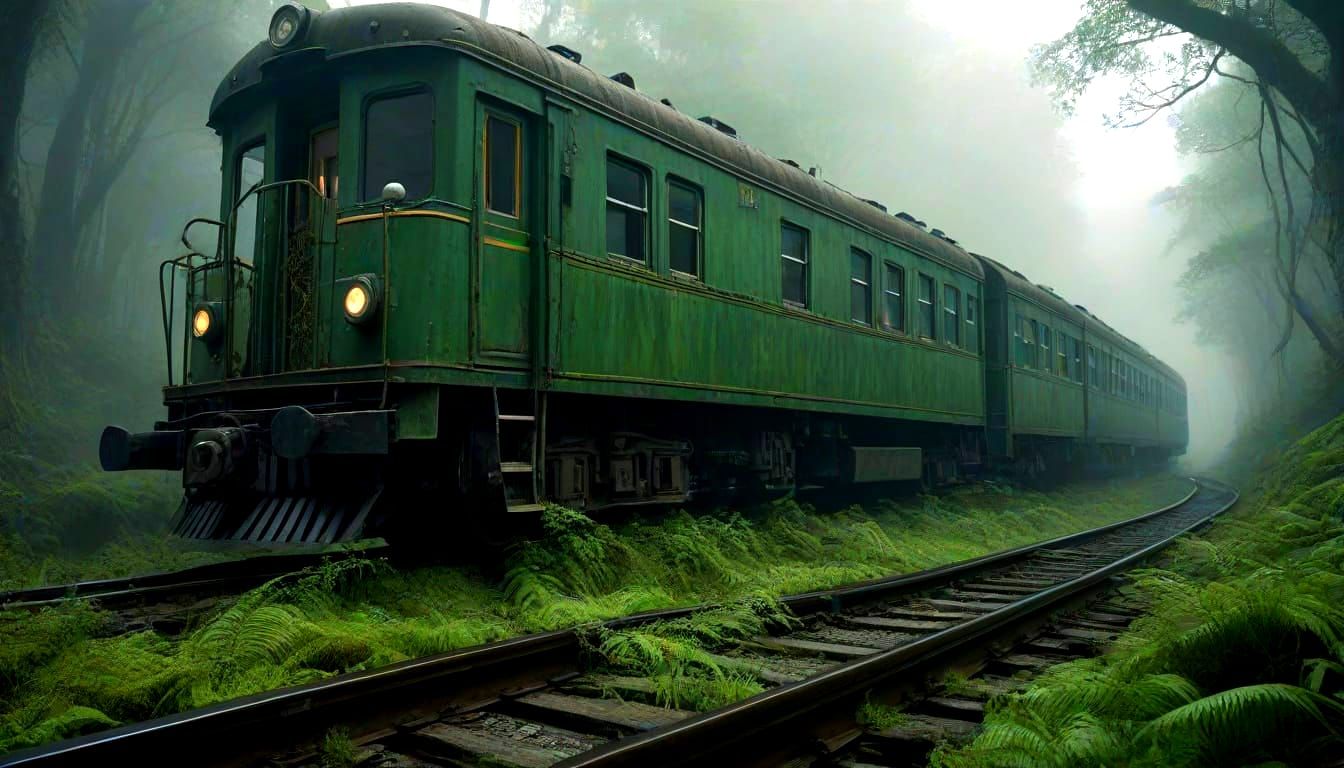 Foggy Jungle Train: Nature's Reclamation in Cinematic Style