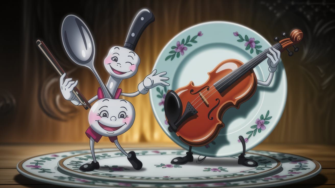 Smiling Spoon Dances with Knife and Violin Plate in Warm Lig...