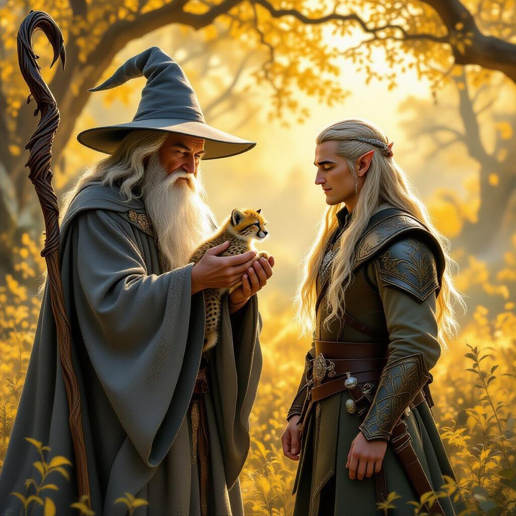 Gandalf and Legolas Admire Cheetah Cub in Golden Woodland