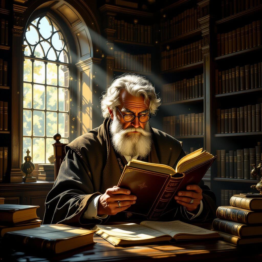 Elderly Scholar Discovers Ancient Tome in Dusty Library
