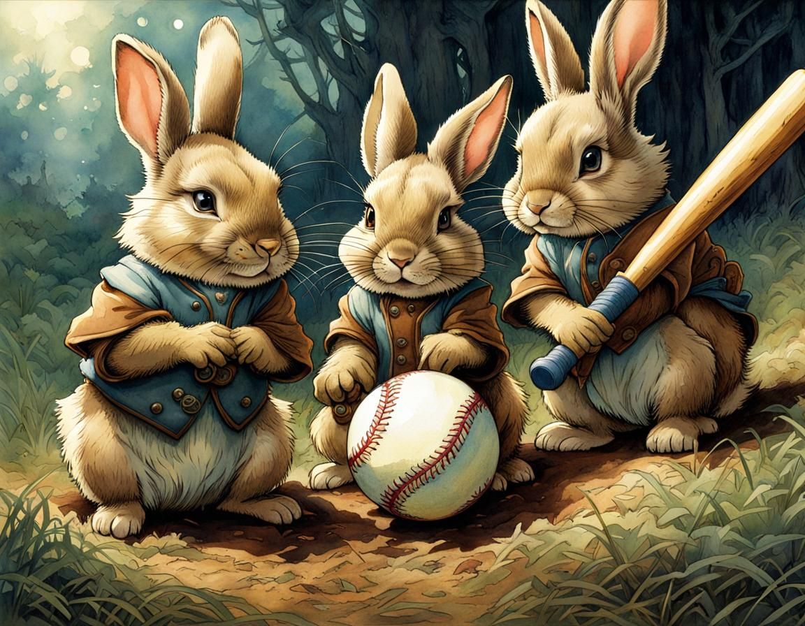 Rabbits Play Baseball: Anime-Inspired Iridescent Portrait