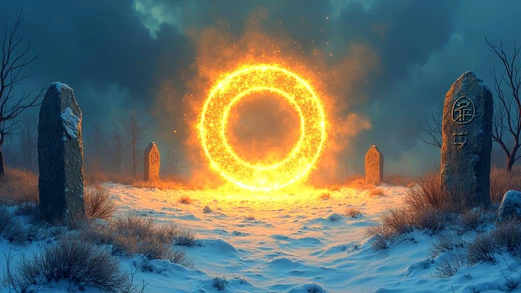 Magical Portal in Snowy Field, Dark Fantasy Art
