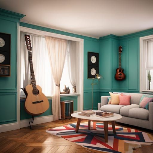 Pastel Guitars in Preppy Room: Detailed Matte Painting